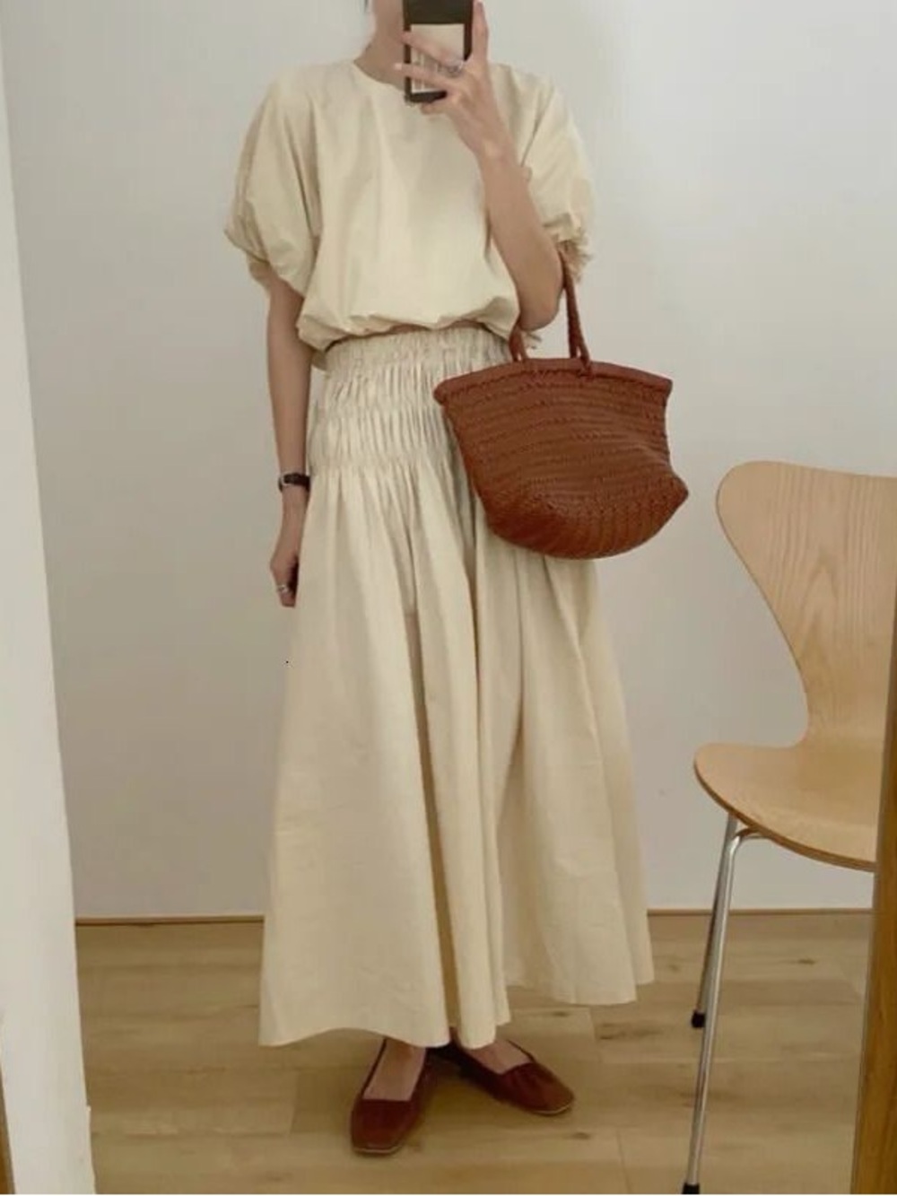 Cream Elastic-Waist Maxi Skirt - Women's Casual Everyday